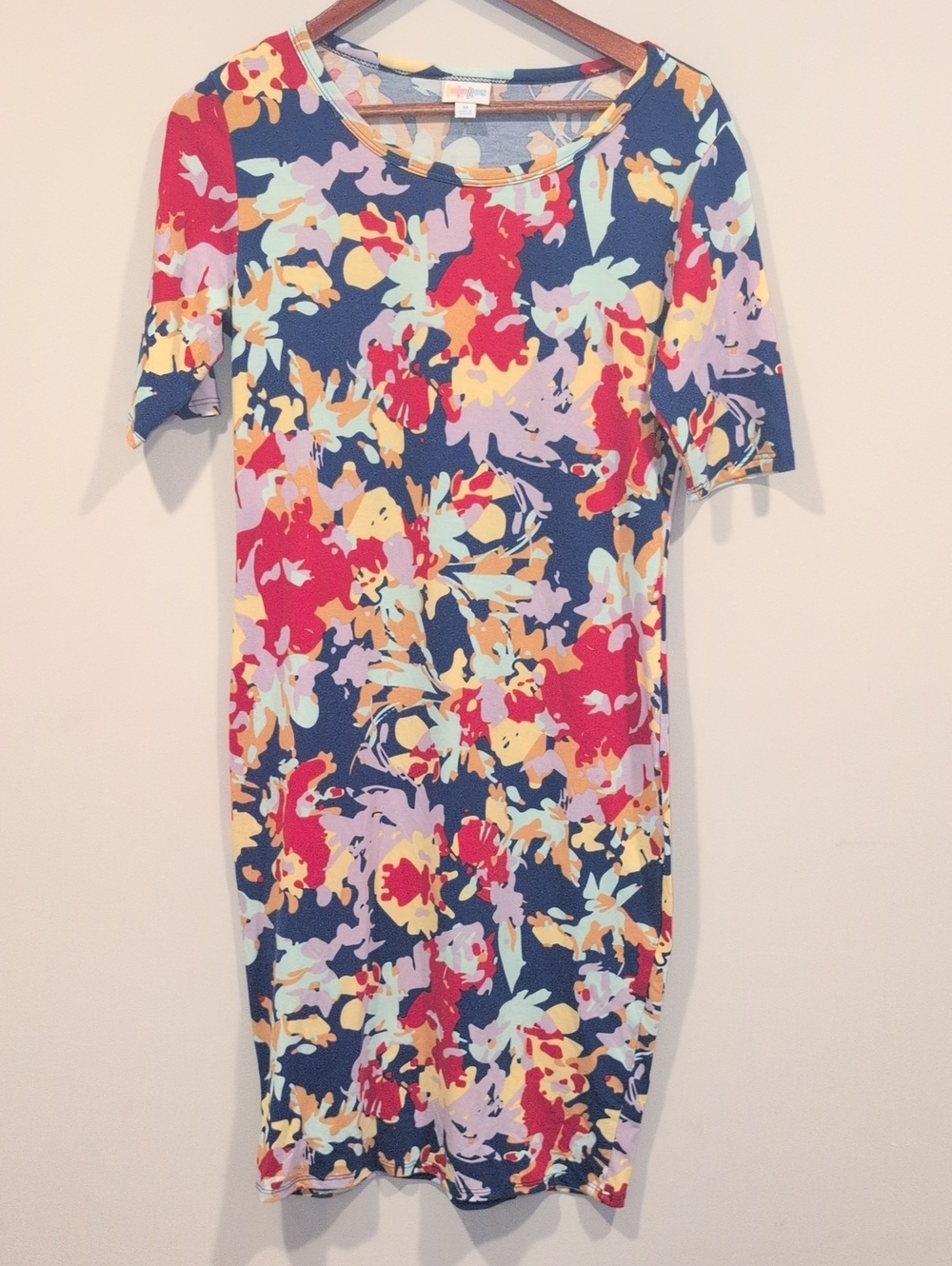 LuLaRoe Navy Midi Dress with Red, Yellow and Lavender Abstract Print